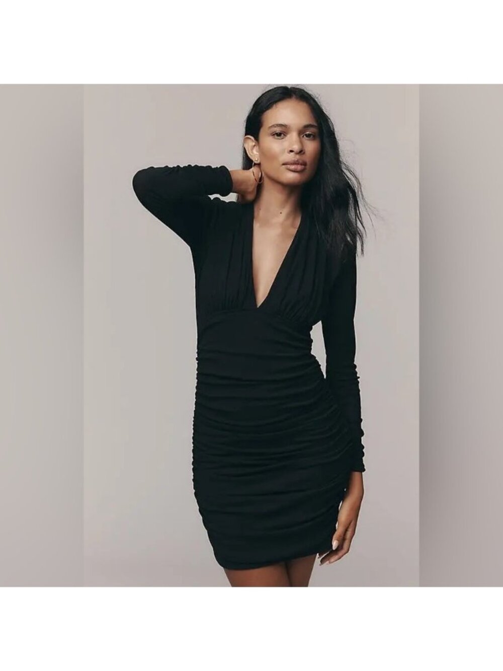 NWT By Anthropologie Size 3X Plus V-Neck Ruched Mesh Midi Black Dress